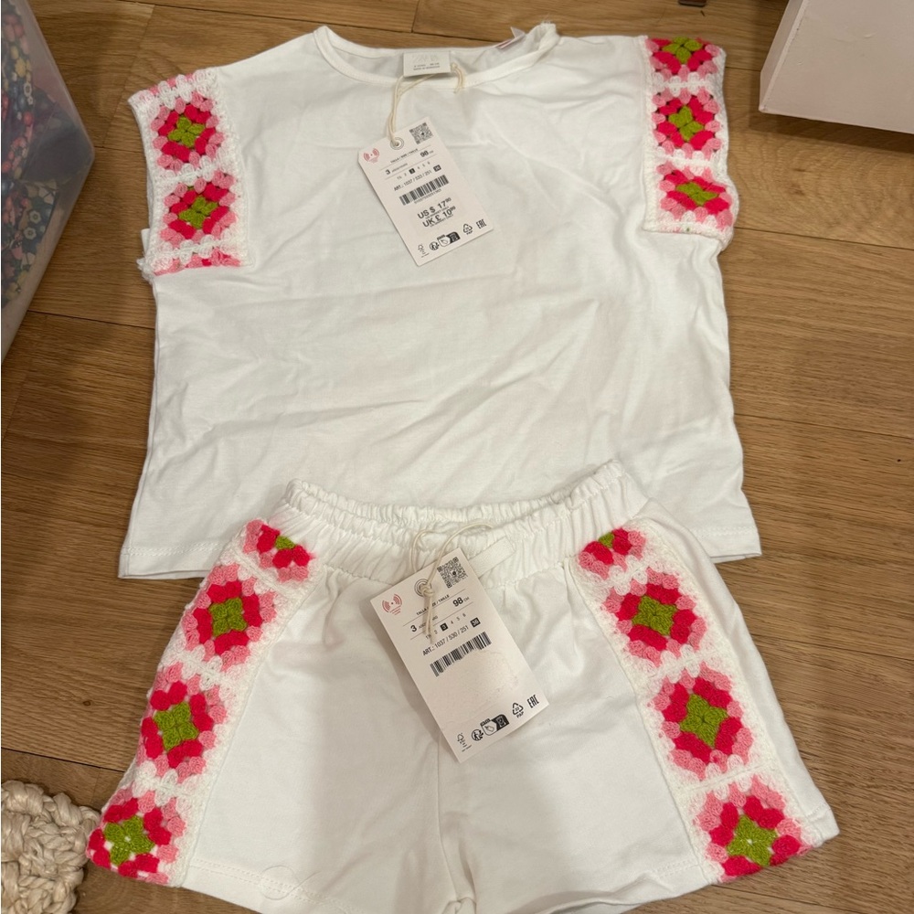 Zara White Kids Matching Set with Pink & Green Crochet Trim